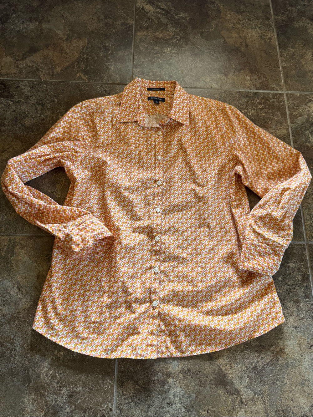 Lands' End Orange Geometric Long-Sleeve Button-Down Shirt Size 12